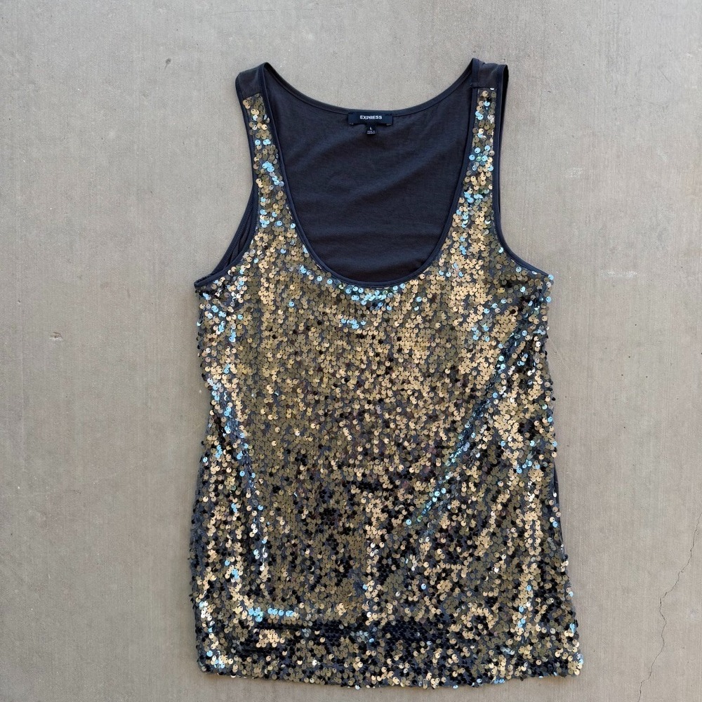 Express Sequin Tank Top Womens Large‎ Silver Black Sleeveless Party Club Y2K
